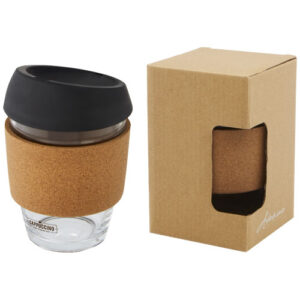 Lidan borosilicaat glazen beker van 360 ml met kurken grip en siliconen deksel