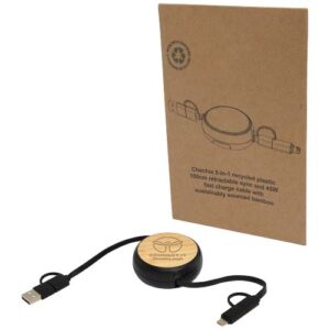 Chechia 5-in-1 100 cm intrekbare datasynchronisatie- en 45 W snellaadkabel van gerecycled plastic met bamboe details