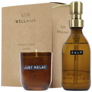 Wellmark Discovery 250 ml handzeepdispenser en 150 g geurkaarsenset - bamboegeur