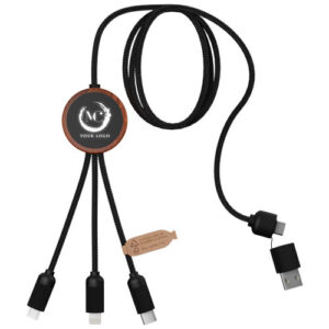 SCX.design C37 40W 5-in-1 oplaadkabel van RPET met oplichtend logo en ronde houten behuizing